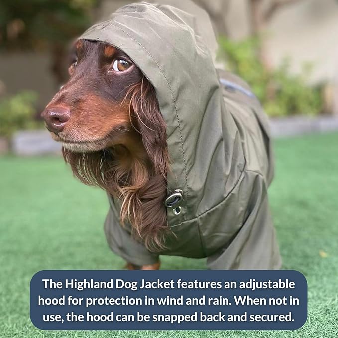 DJANGO Highland Dog Jacket & Raincoat – Water-Repellent, Lined Dog Coat with Hood, Adjustable Fit & Harness Hole – Lightweight Rain & Wind Jacket for Small & Medium Dogs up to 30 lbs (Red, Small)