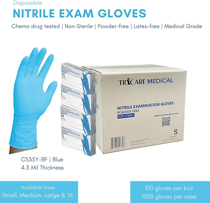 Nitrile Exam Gloves, Chemo Drug Tested, Latex free, Powder free, 4.3 Mil, Blue, Case of 1000