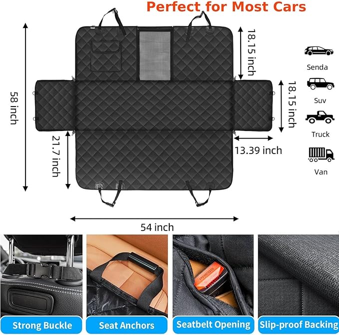 Large Heavy Duty Dog Car Back Seat Cover with Side Door Protectors Universal for Sedan/SUV/Trucks, 100% Waterproof 600D Oxford Fabric, Nonslip Seat Protector, Durable Scratchproof Materials, Black