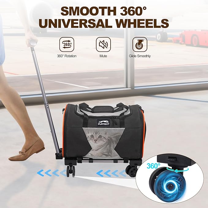 Pet Carrier Airline Approved with Wheels, Rolling Airline Cat Carrier Underseat up to 13lbs, Soft-Sided Cat Carriers for Kitten and Puppy with Shoulder Strap and Pet Bowl 16.5 * 11 * 10.2in, Black