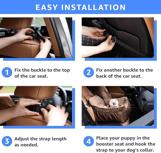 Dog Car Seat for Small Dogs,Washable Pet Booster Car Seats with Clip-On Safty Leash, Comfy Deluxe Plush Carseat with Storage Pockets, Puppy Car Travel Carrier Bed for Dogs Under 25 lbs, Brown