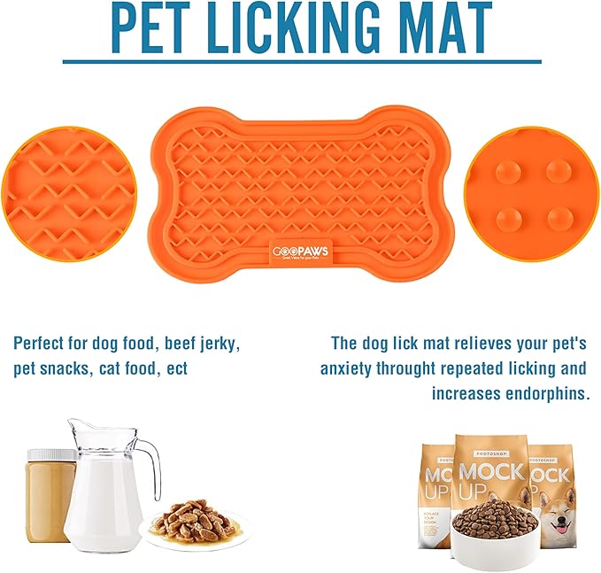 Licking Mat 2 Pack - Orange & Blue - Dog & Cat Slow Feeding Textured Pads, Food Grade Silicone, Spread Food & Treats, Pet Soothing Activity