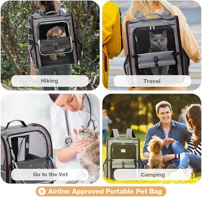 Lekebobor Large Cat Backpack Carrier Expandable Pet Carrier Backpack for Small Dogs Medium Cats Fit Up to 18 Lbs, Dog Backpack Carrier, Foldable Puppy Backpack Carrier for Travel, Hiking, Grey
