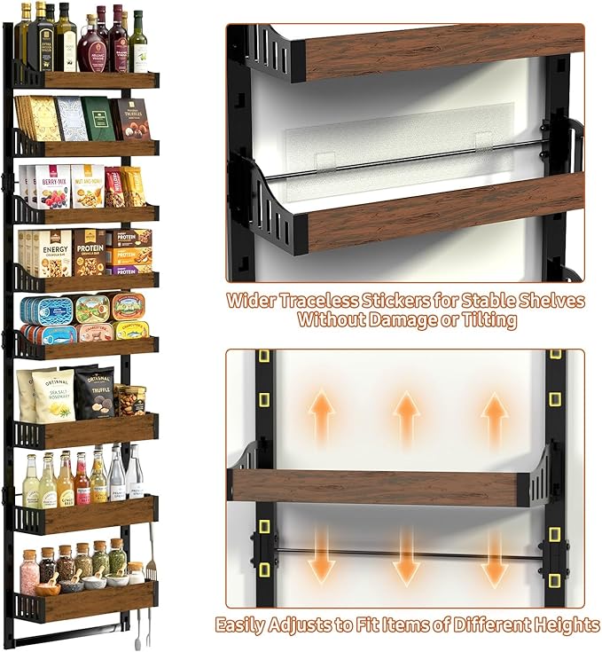 Over the Door Pantry Organizer: Storage and Pantry Organization with Hanging Basket - 8-Tier Metal Spice Rack Adjustable Shelves for Kitchen Laundry Room Bedroom & Bathroom Black