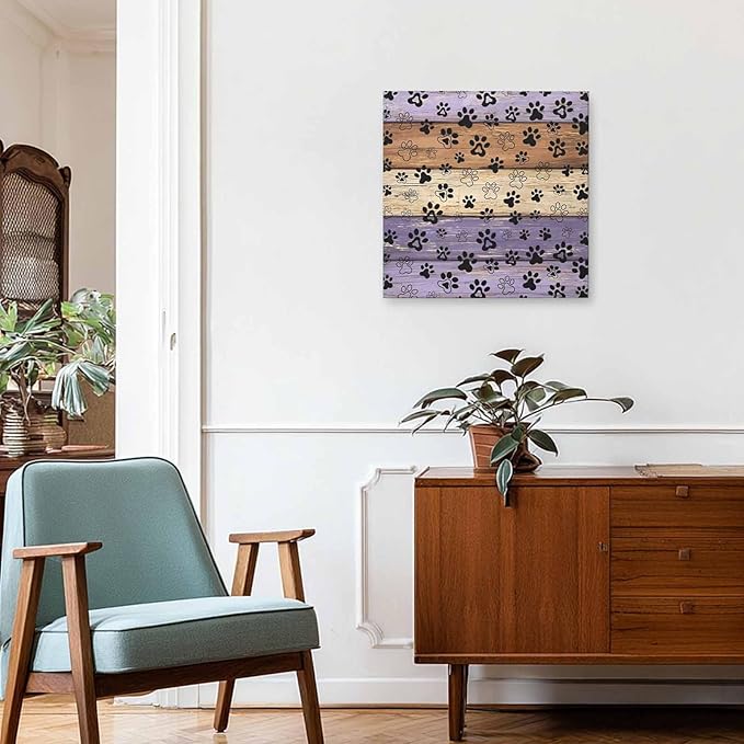 Framed Canvas Wall Art for Living Room Dog Paw Print Wall Decor, Retro Brown Purple Wood Grain Aesthetic Paintings for Bedroom Office Kitchen Bathroom, Ready to Hang Artwork Wall Pictures 24x24 Inch