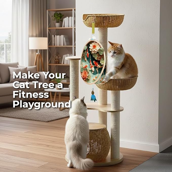 OtterVerz 11 Interactive Cat Toys for Indoor Cats, Automatic Concealed Hide and Seek Hanging Feather Cat Toy, Rechargeable Motion-Activated Enrichment Toys for Bored Adult Cats (Fish Pond Pattern