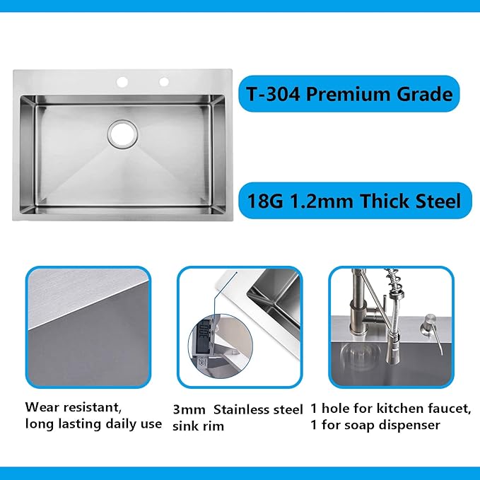 33"x 22" Drop in Stainless Steel Kitchen Sink, Brushed Nickel Top mount Kitchen Sinks, 18 Gauge Handmade Single Bowl Large Basin With Dish Grid and Basket Strainer