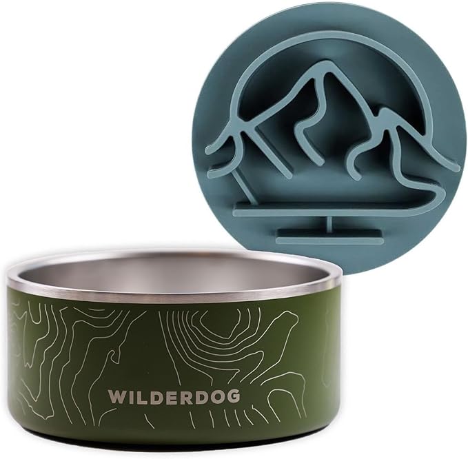 Wilderdog Slow Feeder & Stainless Steel Dog Bowl Set – Olive 32 oz BPA-Free Kitchen-Grade Steel with Non-Slip Base – Feeder Promotes Healthy Digestion – Fits 7"+ Bowls – Dishwasher Safe