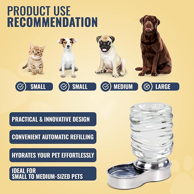 Bundaloo Dog Water Bowl Dispenser - Automatic Slow Refilling System Keeps Stainless Steel Drinking Dish Filled - Refillable 3 Liter Bottle, Non-Skid Feet - Clean, Safe, & Fresh Drink for Pet Dogs