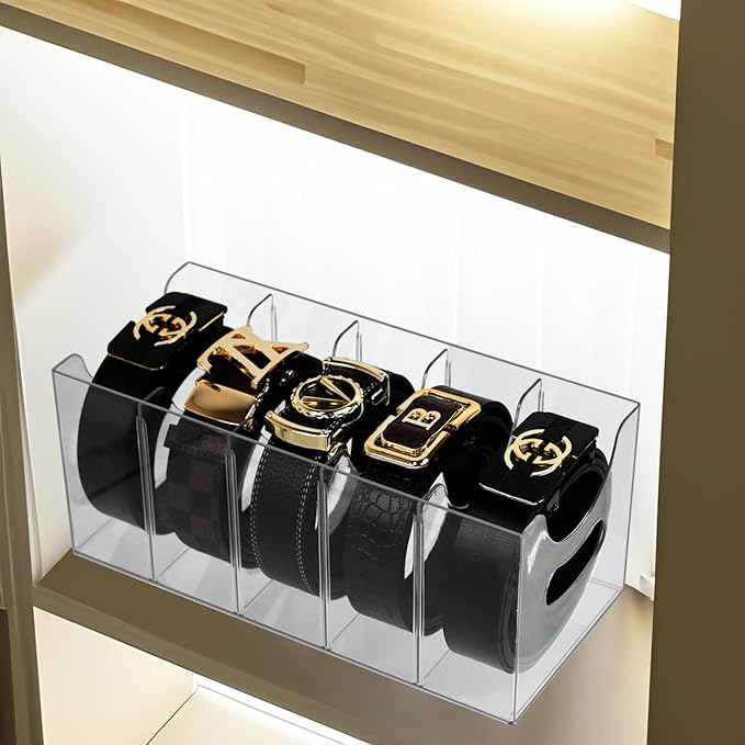 Acrylic Belt Organizer, Belt Storage Holder Purse Organizer for Closet, 5 Compartments Clear Plastic Display Case Pantry Kitchen Cabinet Organizers and Storage Seasoning Organizer