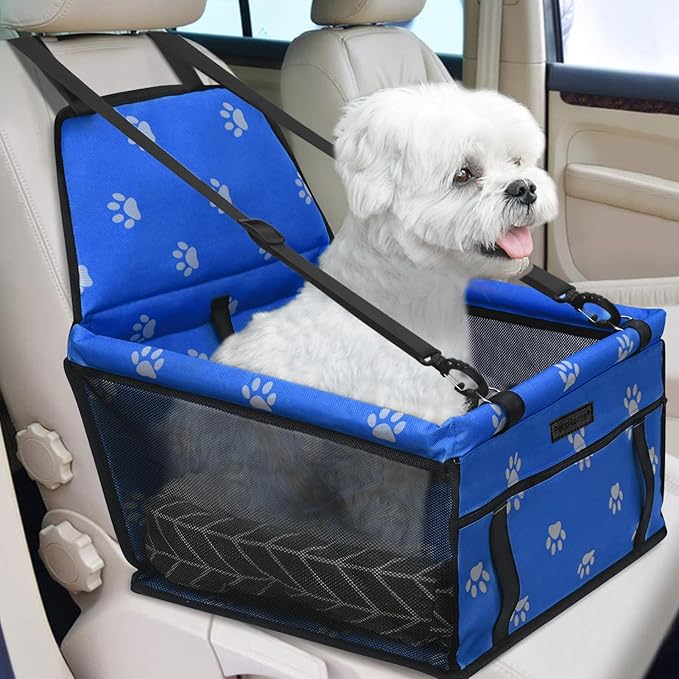 PetsHome Dog Car Seat Foldable Dog Car Booster Seat Waterproof Breathable Oxford Travel Bag for Small to Medium Dogs, Puppies, and Pets-Footprint Blue+Mat