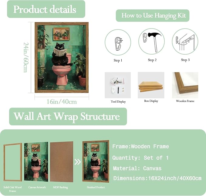 Funny Bathroom Cat Wall Art, Humorous Black Cat Restroom Wall Decor Paintings, Funky Animal on Toilet Reading Newspaper Canvas Prints Artwork 16x24 inch Wood Framed