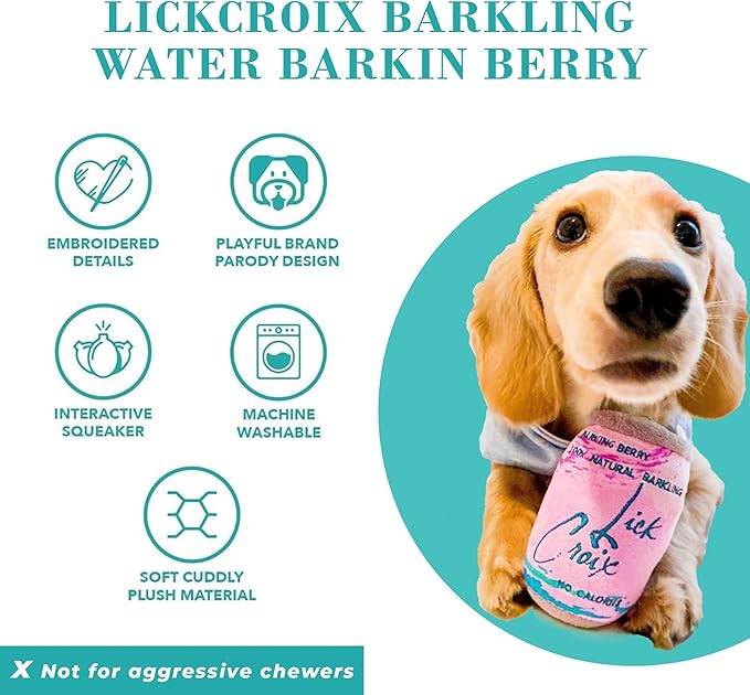 Haute Diggity Dog LickCroix Barkling Water Barkin Berry, Plush Designer Dog Toys with Interactive Squeaker, Stimulating Pet Enrichment, Machine-Washable & Safe Materials for All Breeds, One Size