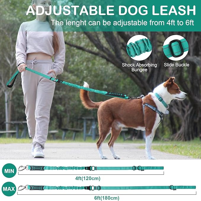 Heavy Duty Dog Leash for Medium Large Dogs That Pull,4-6FT Shock Absorbing Bungee Tactical Dog Leash with Control Padded Handle and Car Seatbelt, Reflective Lead for Walking Training,Teal