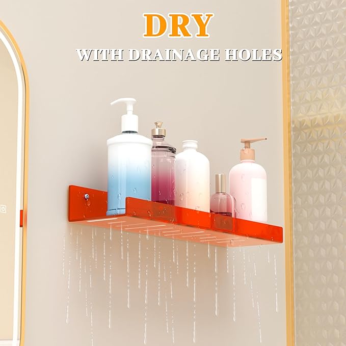 2 Pack Floating Shelves–15'' Red Acrylic/PET Wall-Mounted No Drill Storage with Adhesive, Bathroom & Bedroom Shelving for Kitchen, Living Room, Home Decor