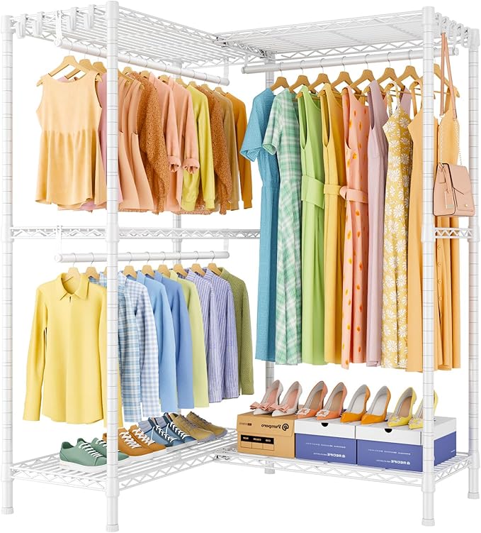 E15 Garment Rack L Shaped Clothes Rack for Corner，Freestanding Clothing Racks for Hanging Clothes，Heavy Duty Closet Organizer with 4 Hanging Rods & 8 S Hooks，43.3" W x 29.4" D x 78.4" H，White