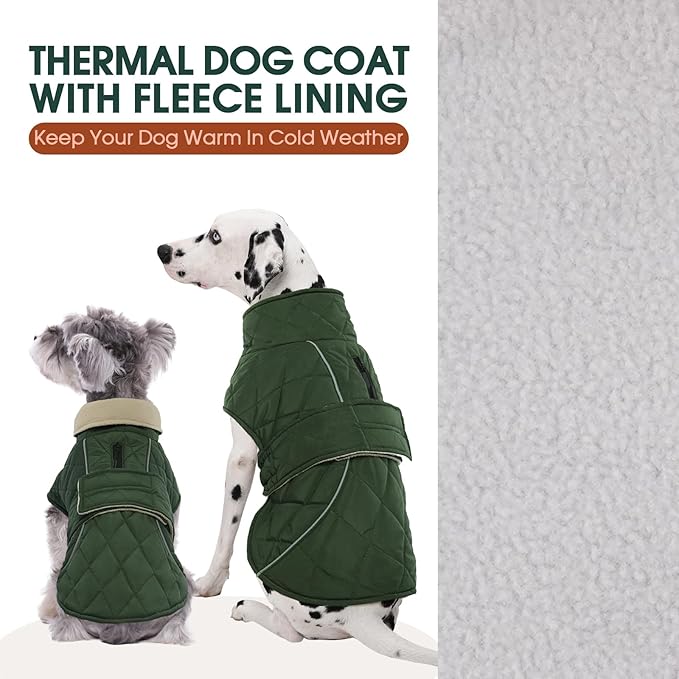 Kuoser Extra Warm Dog Coat, Windproof Cold Weather Dog Jackets for Large Dogs, Thick Fleece Lining Pet Turtleneck Snowsuit Reflective Adjustable Puppy Winter Coat Doggie Snow Jacket Green, XL