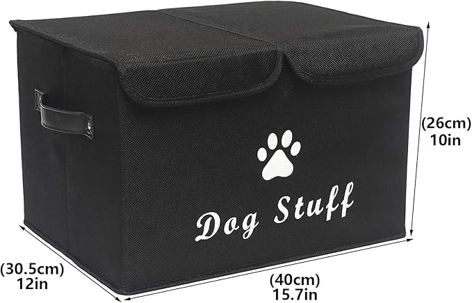 Geyecete Large Storage Boxes - Large Linen Fabric Foldable Storage Cubes Bin Box Containers with Lid and Handles for Dog Apparel & Accessories, Dog Toys(Black)
