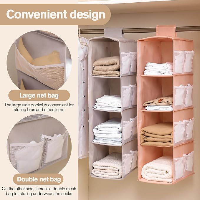 Hanging Closet Organizer, 4-Section Storage Shelves, Oxford Cloth with Mesh Pockets, (Cerulean, 4 Section)