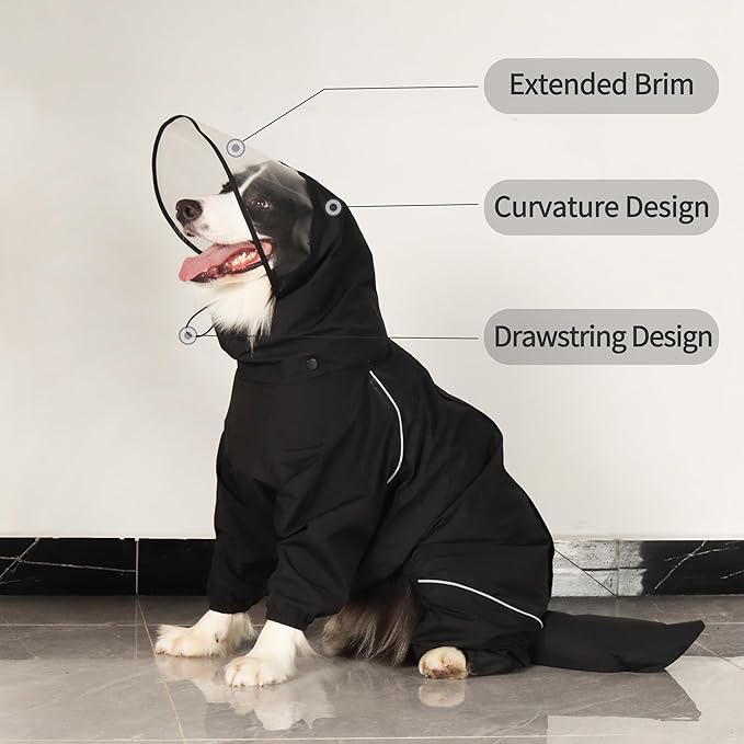 Dog Raincoat for Medium Large Dogs,rain Jacket Coat, Full Leg Coverage Waterproof Rain Suit with Detachable Hood & Tail, Reflective Strips, Snag-Free Top Zipper (Black for Girl, X-Small)