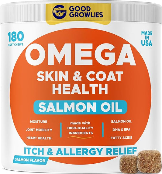 Omega 3 Fish Oil for Dogs (180Ct) - Skin&Coat Chews - Dry & Itchy Skin Relief + Allergy Support - Shiny Coat - EPA&DHA Fatty Acids - Salmon Oil Chews Promotes Heart