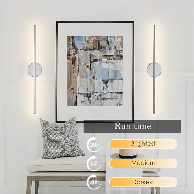 Battery Operated Wall Sconces with Remote Control, Dimmable Wall Sconces Set of Two, 350°Rotate, 3000K LED Chrome Wireless Wall Light for Living Room, Bedroom,Hallway, 32.2 Inch (2 Pack)