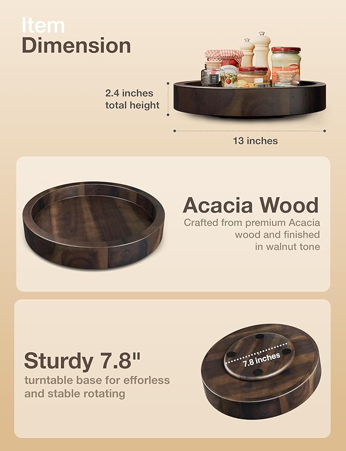 13" Acacia Lazy Susan Turntable for Table - Wooden Charcuterie Boards Cheese Board - Extra Large Lazy Susan Organizer - Kitchen Turntable for Cabinet, Pantry (13 Inch, Walnut)