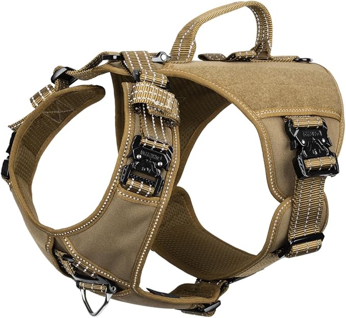 ICEFANG GN8 Tactical Dog Harness with 4X Metal Buckles for Large Sized Dogs,Reflective in Training Walking K9 Vest,No-Pull Front Leash Clip,Adjustable Pet Harness (Brown, Large (Pack of 1))