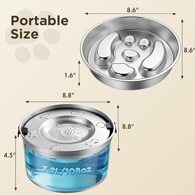 3.2L/108oz No Spill Dog Water Bowl & 4 Cups Slow Feeder Bowl Set - 304 Stainless Steel, Splash Proof Anti Slobber Stopper for Dogs, Slow Drinking & Eating Puzzle Bowl for Large Medium Small Breeds