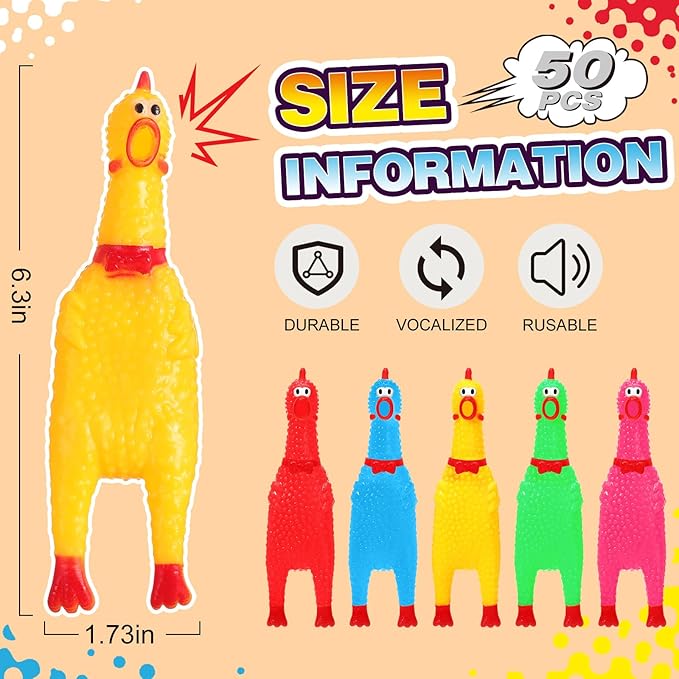Honoson 50 Pcs Rubber Chickens Squeak Screaming Chicken Novelty Bulk Dog Toys for Pets Dogs Adults, 6.3 Inch(Multi Colors)