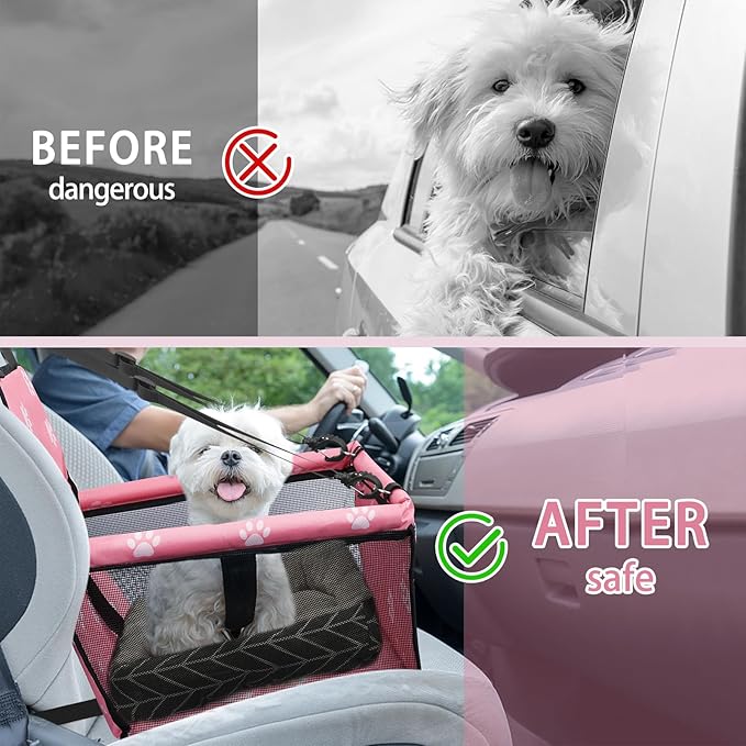 PetsHome Dog Car Seat Foldable Dog Car Booster Seat Waterproof Breathable Oxford Travel Bag for Small to Medium Dogs, Puppies, and Pets-Footprint Pink+Mat
