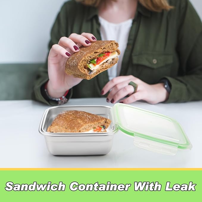 8 Pack Stainless Steel Sandwich Containers with Lids 25.4 oz Metal Food Container for Lunch Boxes with Airtight Silicone Seal for Sandwiches and Snacks (Green)