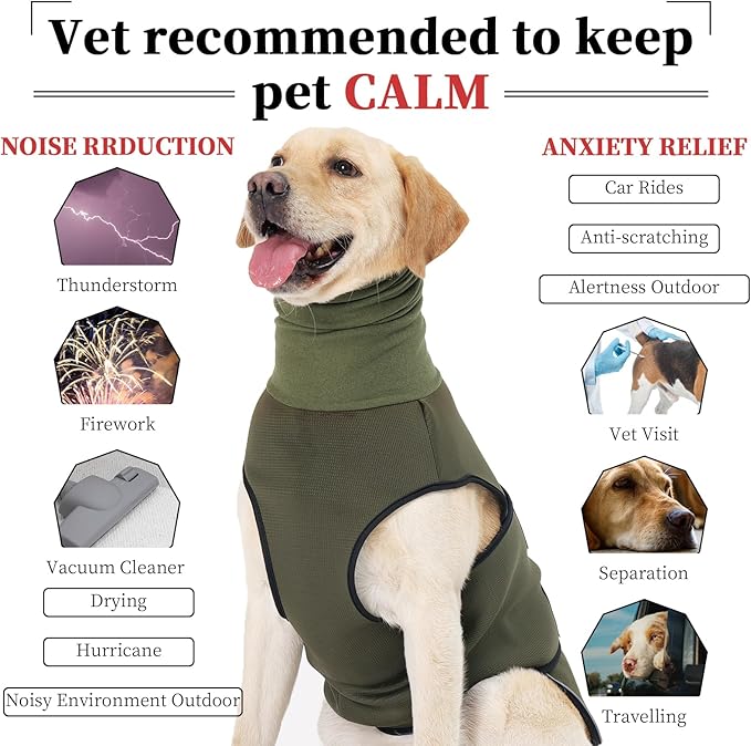 ROZKITCH Dog Anxiety Relief Jacket, Turtleneck Calming Vest for Indoor & Outdoor Use, Breathable Dog Shirt for Separation & Noise Anxiety ArmyGreen L