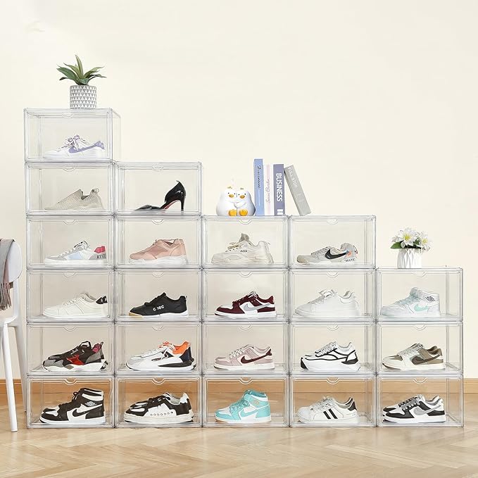 Acrylic Display Cases for Collectibles - Stackable Plastic Storage Shoe Boxes - Magnetic Lid, Figure Organizer