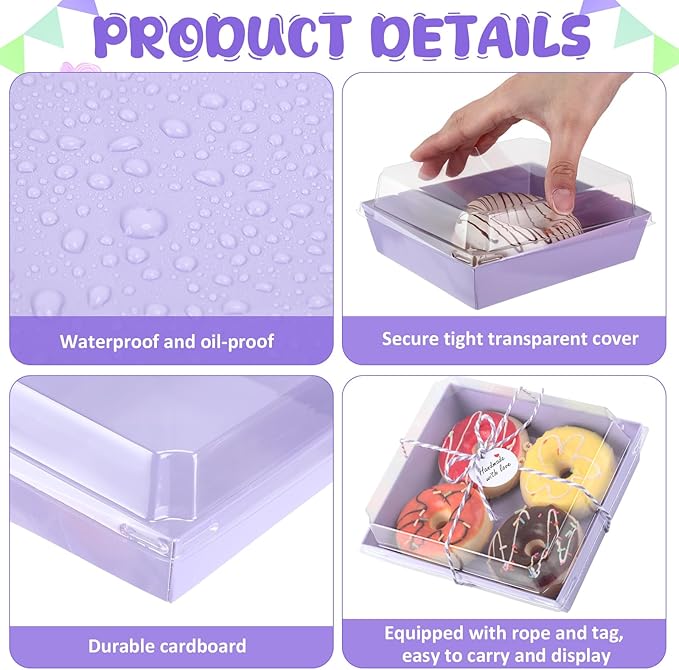 Outus 100 Pack Charcuterie Boxes with Clear Lids, 5.7 x 5.1 '', Mother 's Day Back to School Paper Food Containers Cake Take out Bakery Boxes with Gift Tags Rope for Desserts(Purple,Classic)