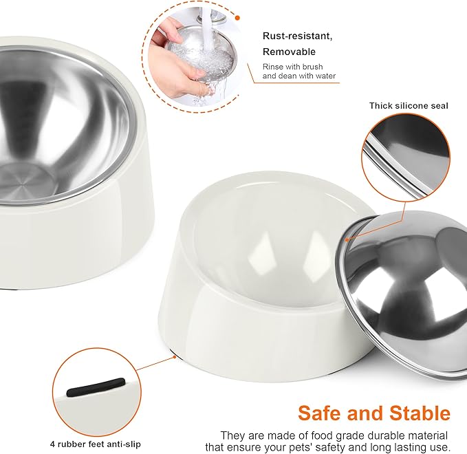 Tilted Dog Bowl Non-Slip & Non-Spill Pet Feeder with Elevated Detachable Melamine Stand, Easy to Get Food Dog Dish, S/100ml White
