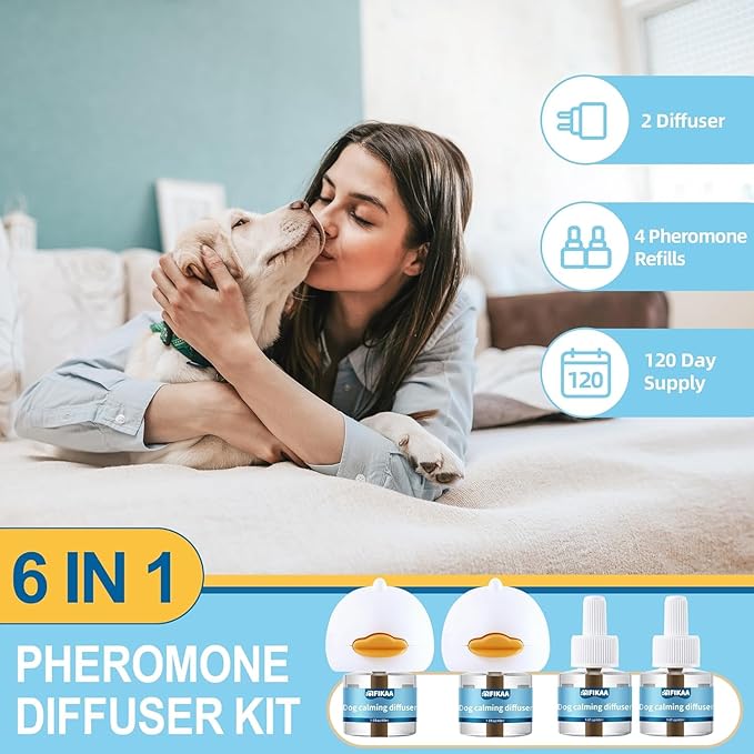 Dog Calming Diffuser 6-in-1 Kit Dog Appeasing Pheromone Relief Separation Anxiety, Equipped with 2 Plug in + 4 Refills 48ml Vial, Reduce Aggression Barking, Supply for 120 Days-Tasteless