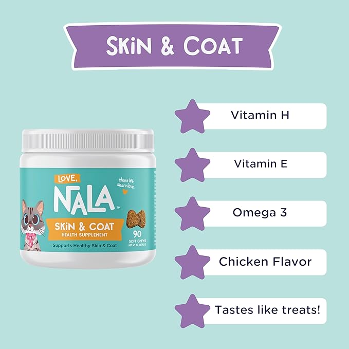 LOVE, NALA - Skin and Coat Supplement for Cats - 90 Tasty Soft Chews - Omega 3 Fish Oil, Biotin, Vitamin E Supports Skin & Fur Health - 3.2 oz