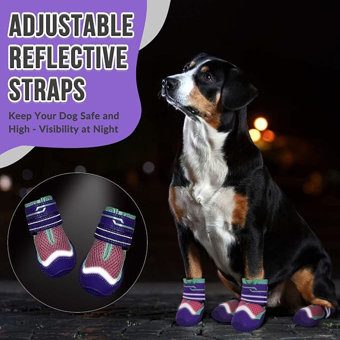 SlowTon Dog Shoes for Large Small Medium Dogs - Breathable Dog Boots for Summer Hot Pavement, Paw Protector for Outdoor Walking Winter Snow, Anti-Slip Rubber Dog Booties for HardFloor (Pink, 4)