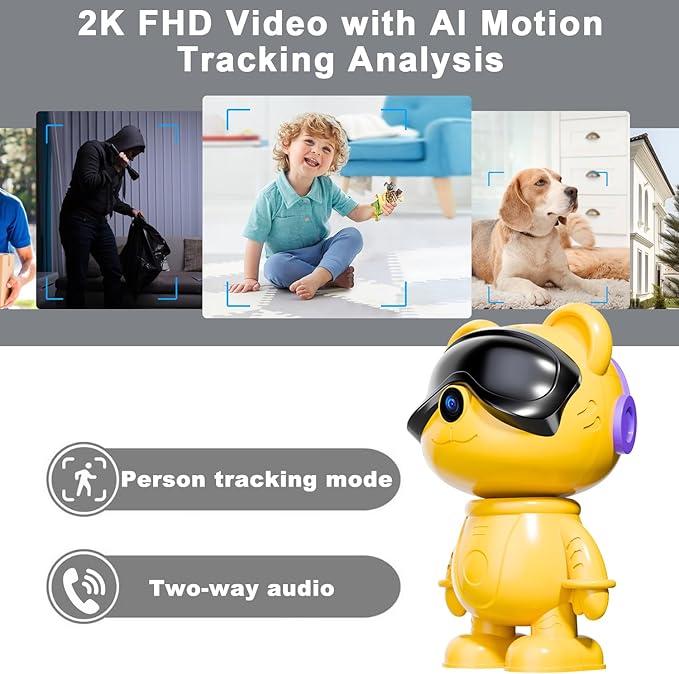 dzcctvipc-Cute Bear-2K Smart-Robot Security-Camera Wireless - Nanny & Pet Motion Monitor with Mobile App,Baby Cry Detection Alarm,5G Dual-Band,Pan-Tilt,Full HD Night Vision,24/7 Recording,2-Way Audio