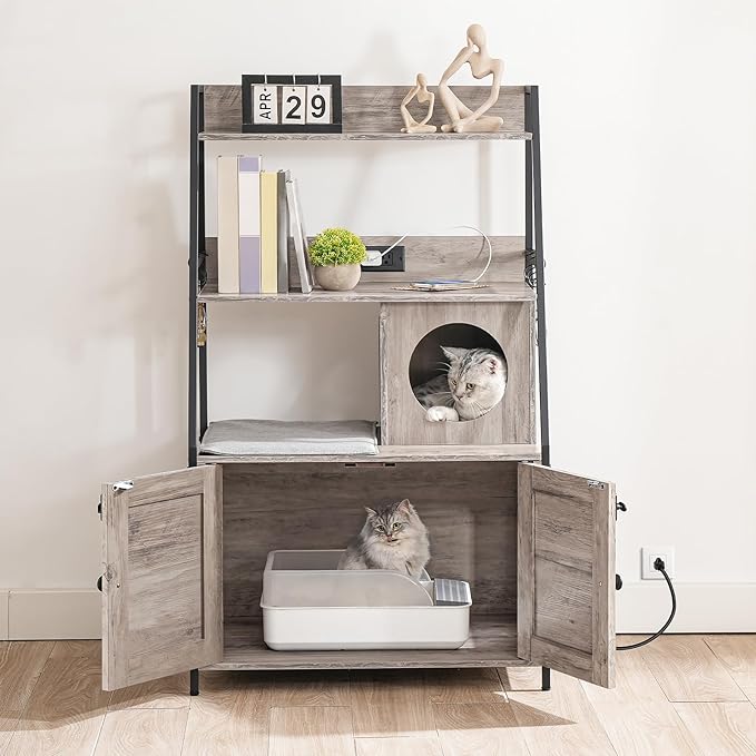 HOOBRO Litter Box Enclosure with 2 Storage Shelves, Tall Litter Box Furniture Hidden with Charging Station, Indoor Hidden Litter Box Furniture with Plush Mat, Greige BG70UMW01