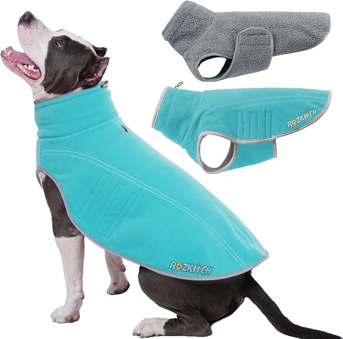 ROZKITCH XXL Dog Coats for Extra Large, Reversible Fleece Sherpa Sweater with Leash Hole,Thermal Sweatshirt for Winter Fall Outdoor Indoor Bluegreen 2XL