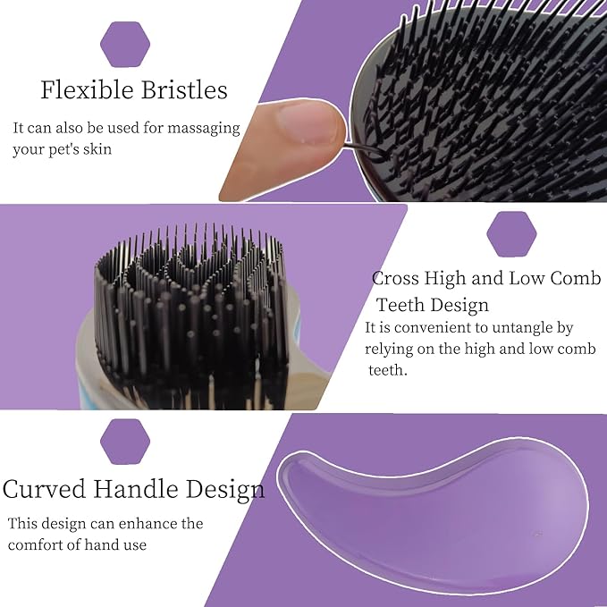 Comma-Shaped Small Dog Brush and Cleaning Comb, Fit for Yorkie, Shih Tzu, Maltese Maltipoo Pomeranian - Gentle Soft Bristles for Effortless Pet Hair Removal, Puppy Essentials (Purple）