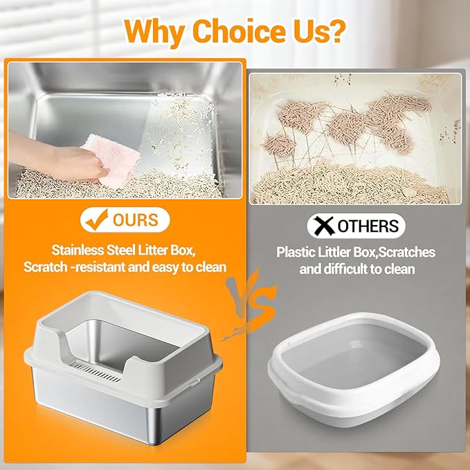 Enclosed Stainless Steel Cat Litter Box with Lid, XL Extra Large Litter Box for Big Cats, Metal Litter Pan High Sided, Never Absorbs Odors, Anti-Urine Leakage, Easy Cleaning, Include Scoop
