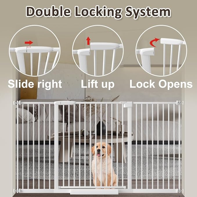 WAOWAO 1.37" Ultra Narrow Spacing Extra Wide Dog Pet Gate 61.61-69.48" Pressure Mounted Walk Through Double Lock Swing Auto Close Safety White Metal Toddler Baby Puppy Pet for Indoor,Doorway,Kitchen