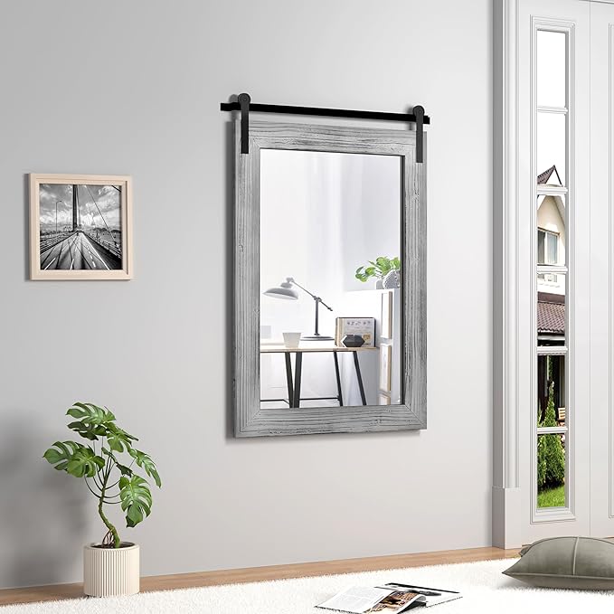 COGOOD Farmhouse Bathroom Mirror - 42 x 29 Rustic Barn Door Style Mirror for Living Room, Entryway, Vanity Wall Decor (Grey)