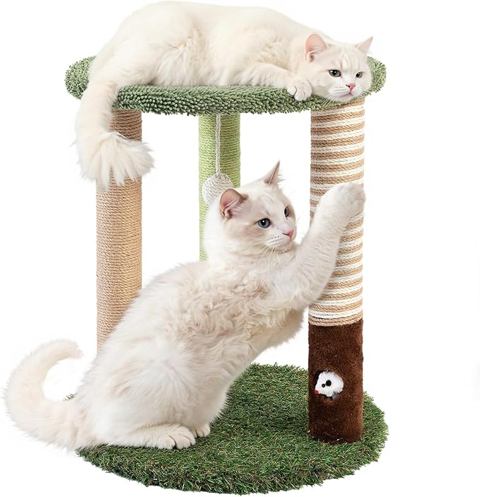 Cat Tree Tower with 3 Scratcher Posts 17inch Tall Cat Tree Sisal Scratching Posts with Fun Cat Toys for Kitty and Adult Cats Small Cat Tower and Perch Bed for Indoor Cats (Green)