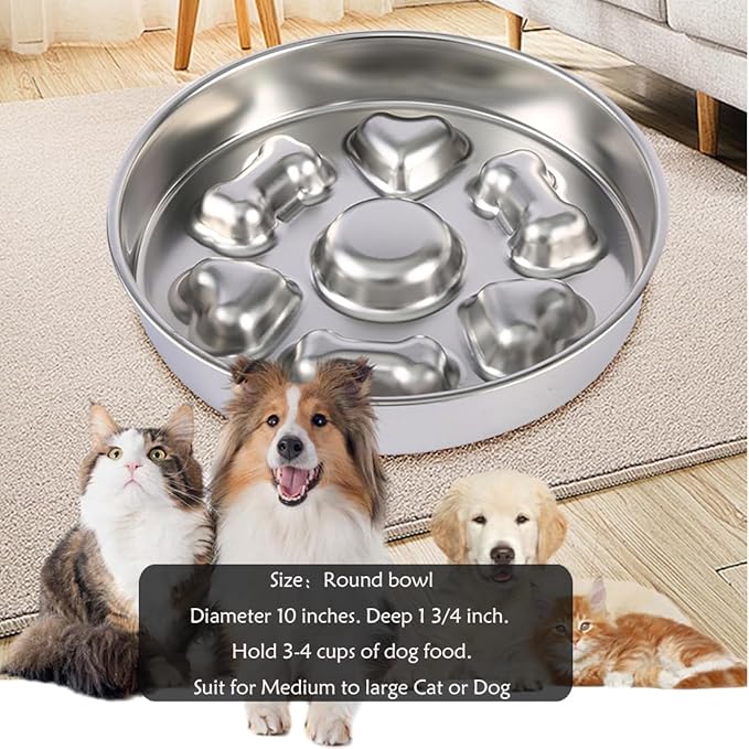 Fermus Metal Dog Slow Feeder Bowl, Stainless Steel Anti-Choke Slow Eating Pet Bowl for Dogs, Fun Interactive Design