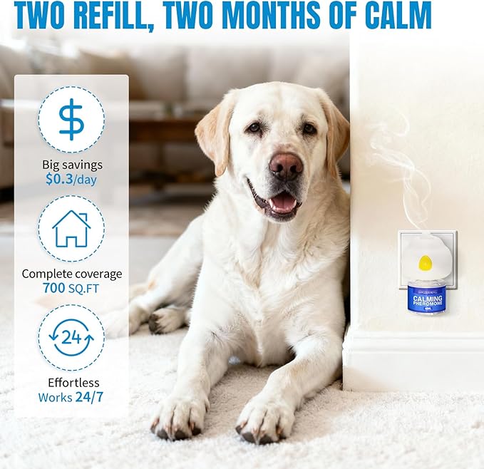 Dog Pheromones Calming Diffuser Anxiety Relief Calming Diffuser for Dog Reduce Aggression Stress Fighting Barking Chewing Pee Accidents & Separation Behaviors, 1 Plug in+2x48ml Refill