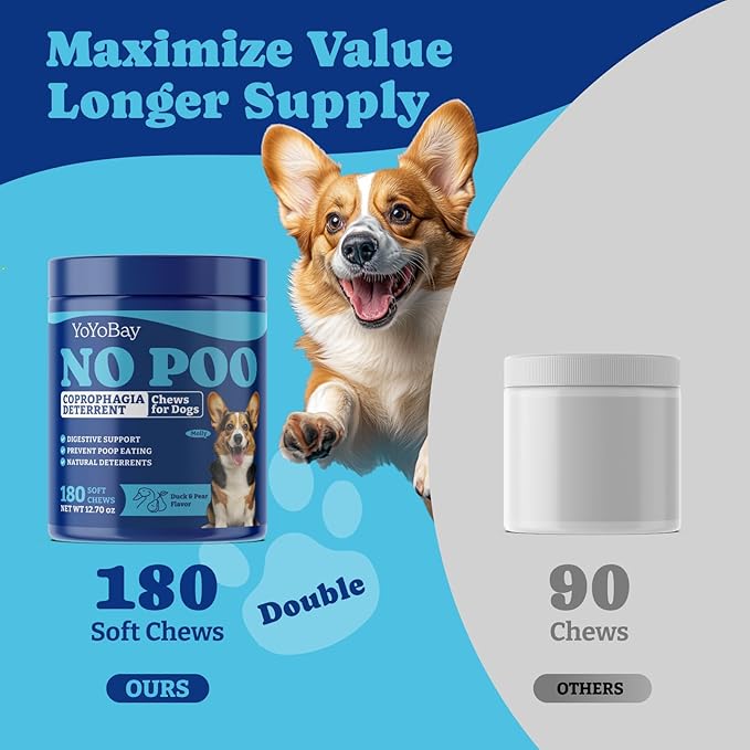 No Poo Chews for Dogs, Coprophagia Deterrent, Stool Eating Deterrent - with Probiotics, Fiber Blend, Natural Deterrent - Digestive Health & Immune Support - 180 Soft Chews, Duck & Pear Flavor